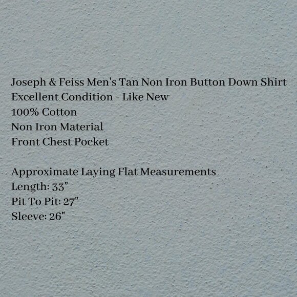 Joseph & Feiss Men’s 17.5 Light Tan Non-Iron 100% Cotton Shirt - Picture 4 of 5